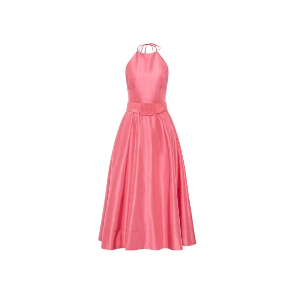 Rebecca Vallance Pink Dresses The Maple Halter Midi Dress radiates playful elegance in a captivating pink hue. Crafted from taffeta