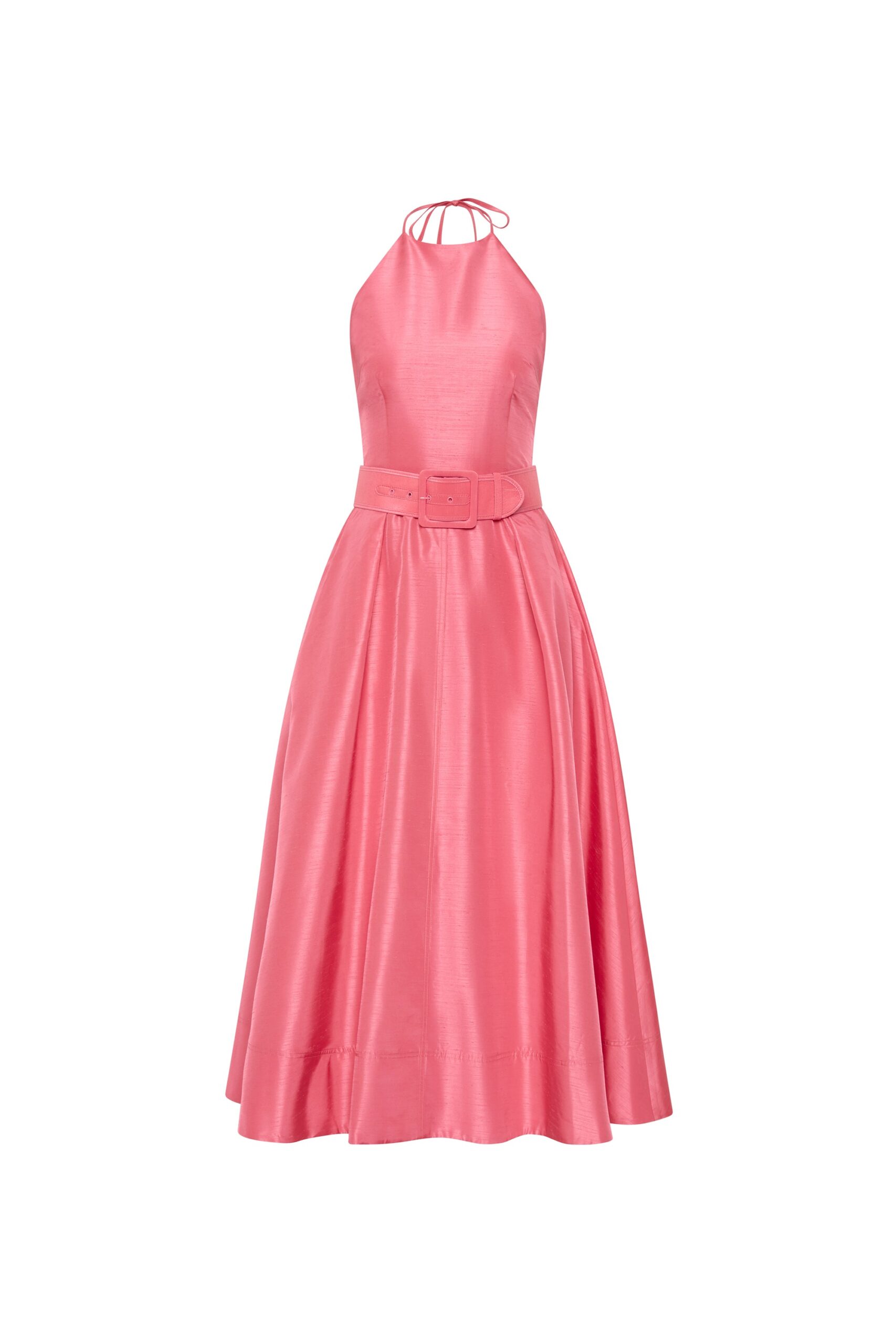 Rebecca Vallance Pink Dresses The Maple Halter Midi Dress radiates playful elegance in a captivating pink hue. Crafted from taffeta