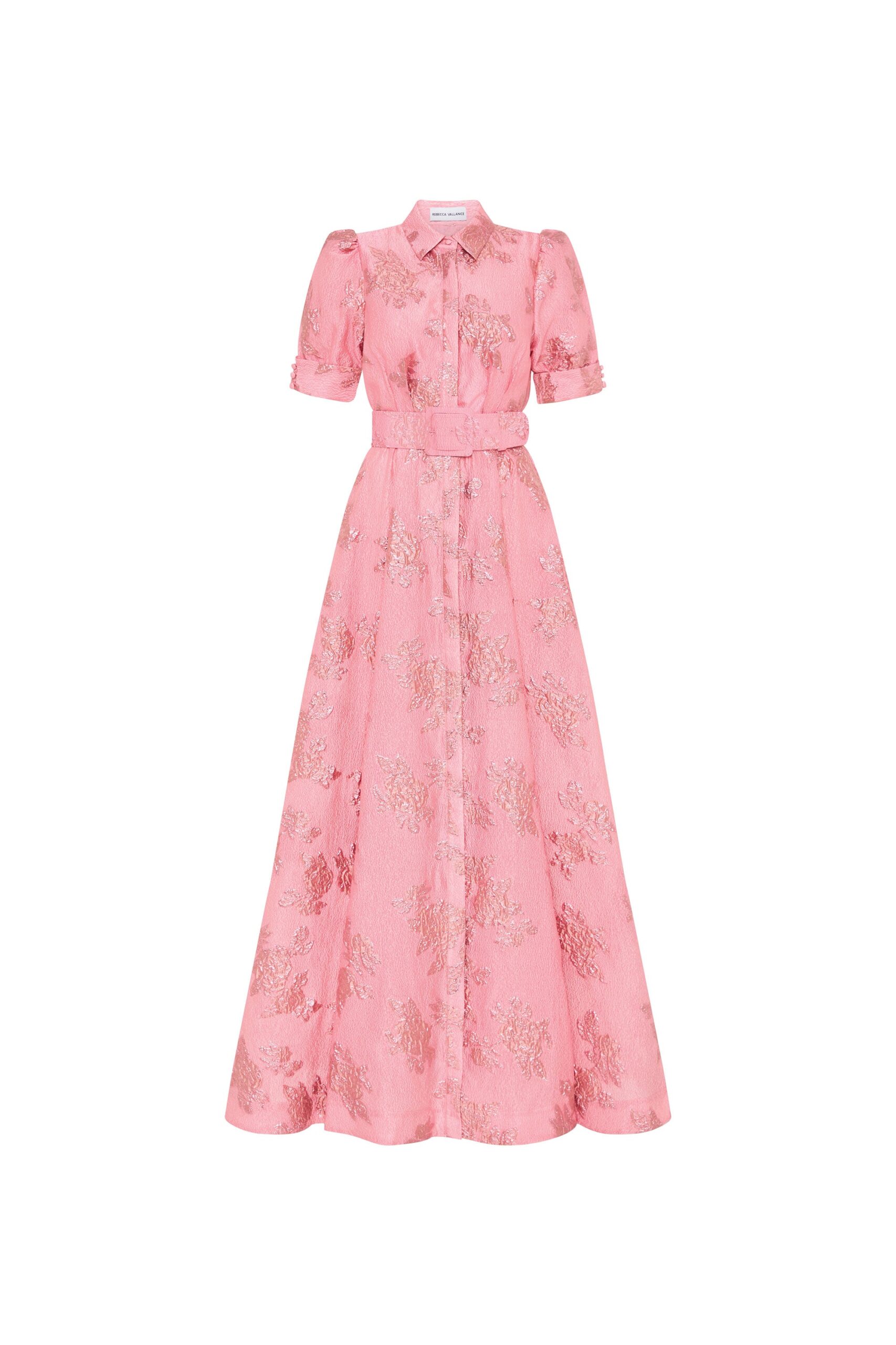 Rebecca Vallance Pink Dresses The Annette Button Gown in pink is a vibrant and playful choice. Crafted from metallic brocade