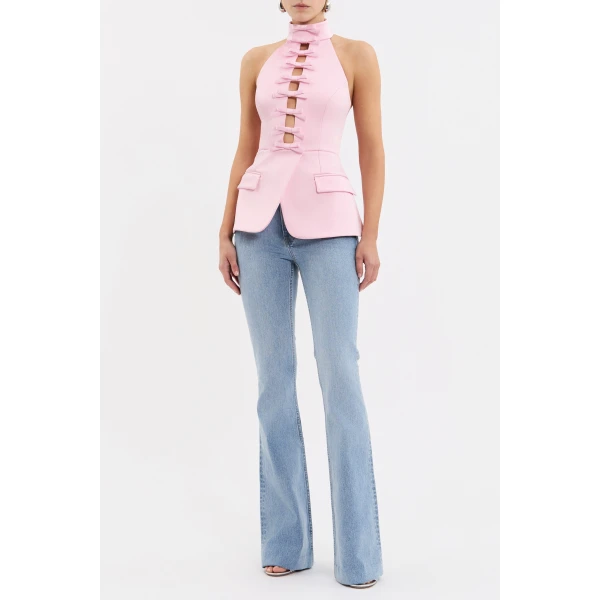 tailored from bonded satin. Its halter neckline and low scoop back shape a feminine silhouette