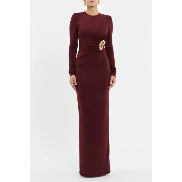 tailored from premium jersey. A rounded neckline and long gathered sleeves complement the body-skimming silhouette