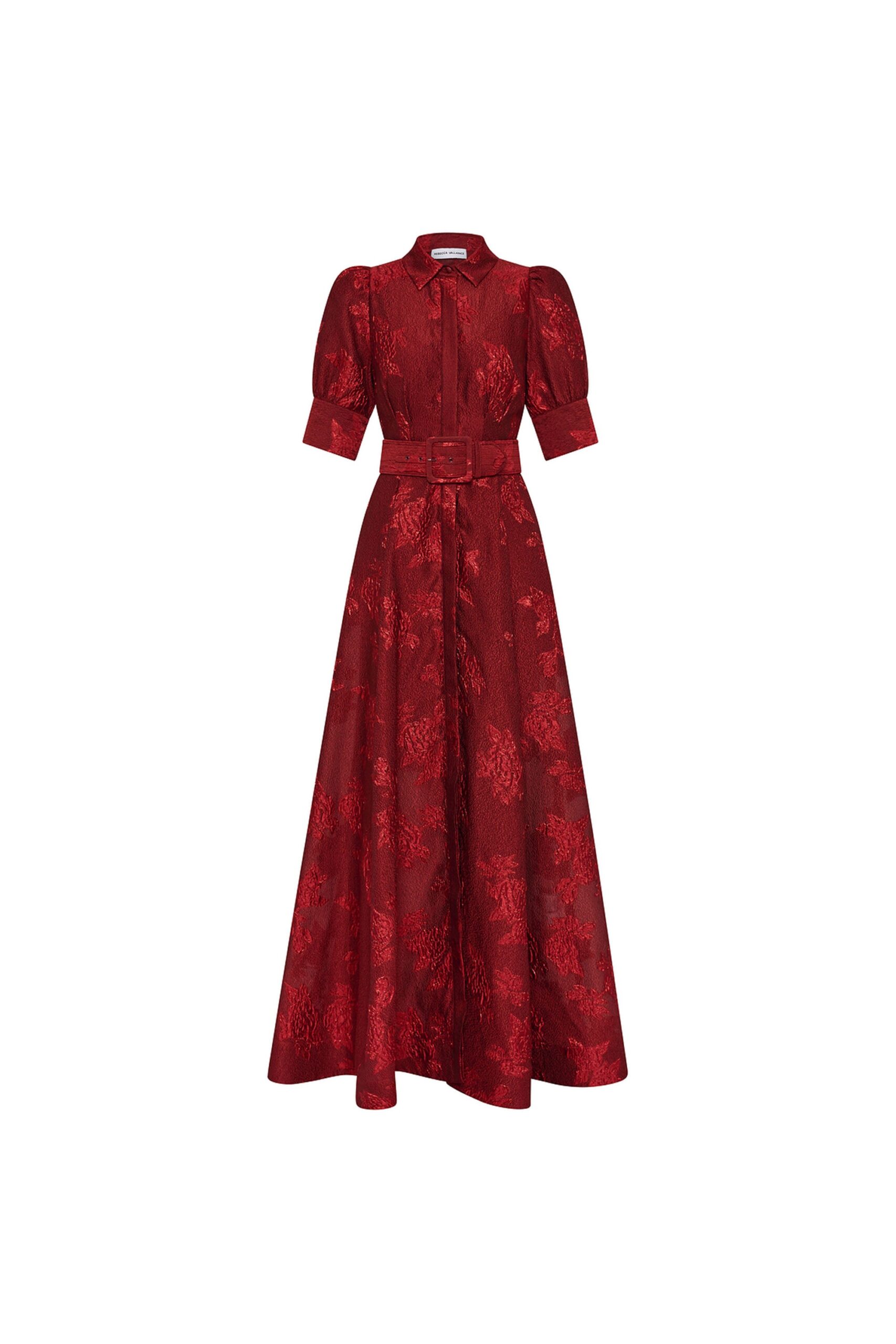 Rebecca Vallance Red Dresses The Henrietta Button Gown is striking in red