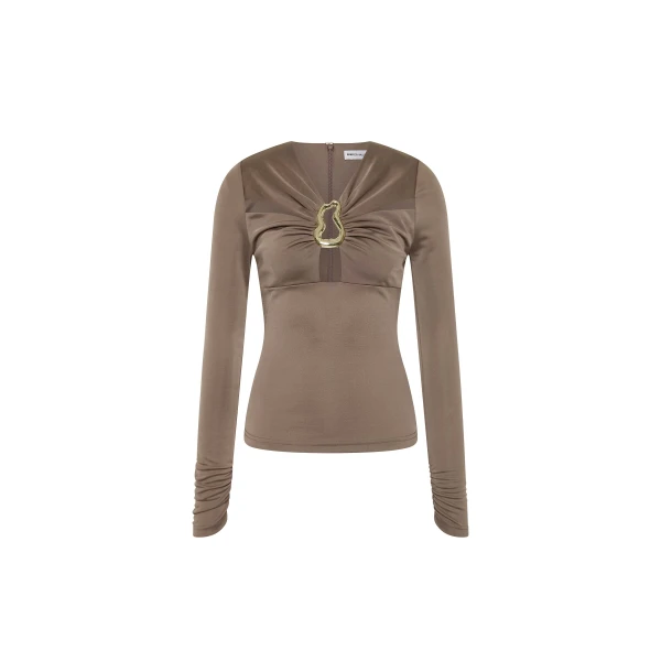 Rebecca Vallance Red Tops The Mischa Long Sleeve Top in mocha fuses contemporary design with feminine allure. Tailored from premium jersey