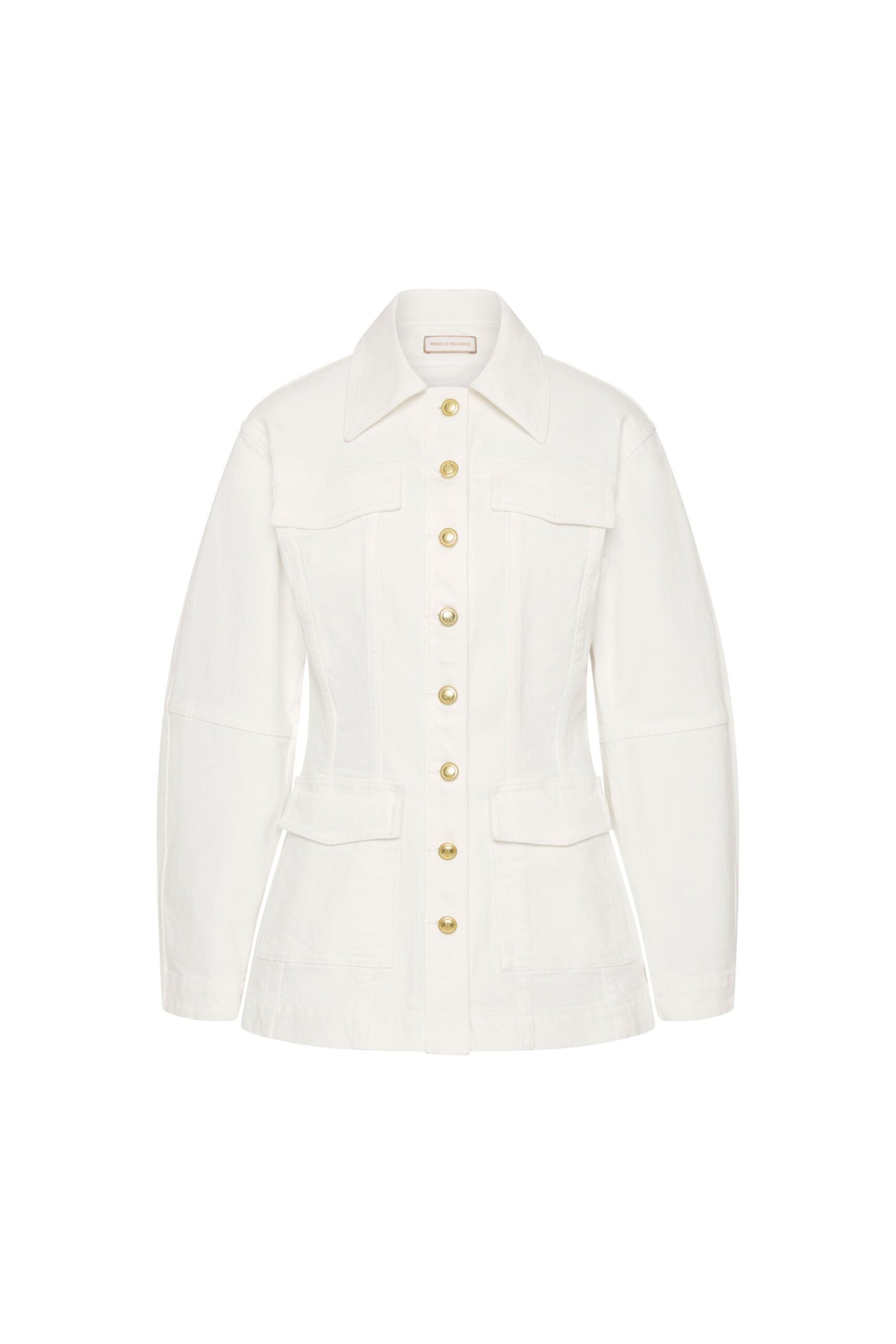 Rebecca Vallance White Jackets The Aviator Jacket in white denim offers a contemporary twist to a timeless wardrobe staple. Featuring an oversized fit