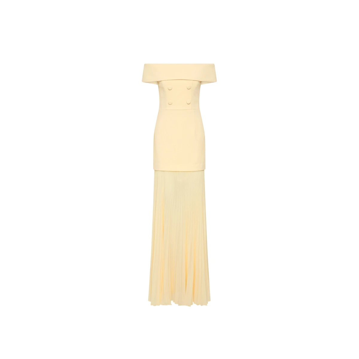 Rebecca Vallance Yellow Dresses The Rowan Maxi Dress fuses timeless elegance with a playful butter-yellow hue. The off the shoulder neckline and fitted bodice harmonise beautifully to shape a feminine figure
