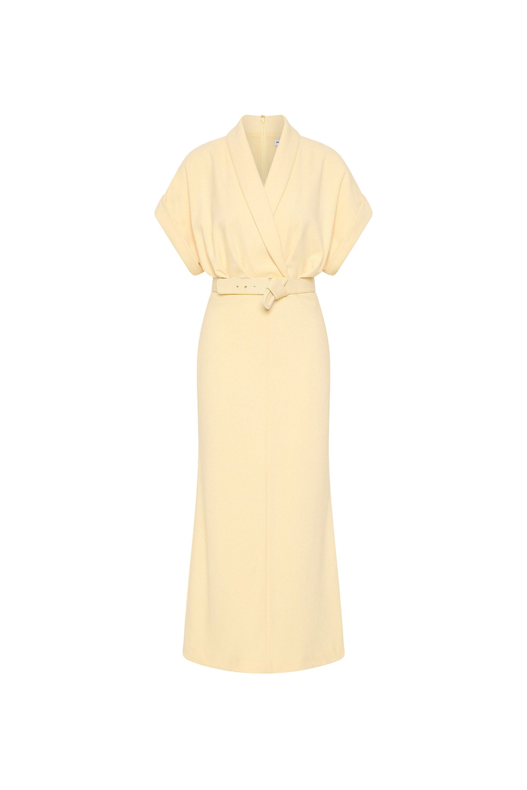 Rebecca Vallance Yellow Dresses The Rowan Midi Dress epitomises refined elegance in a soft butter-yellow hue. Featuring a chic wrap-style bodice