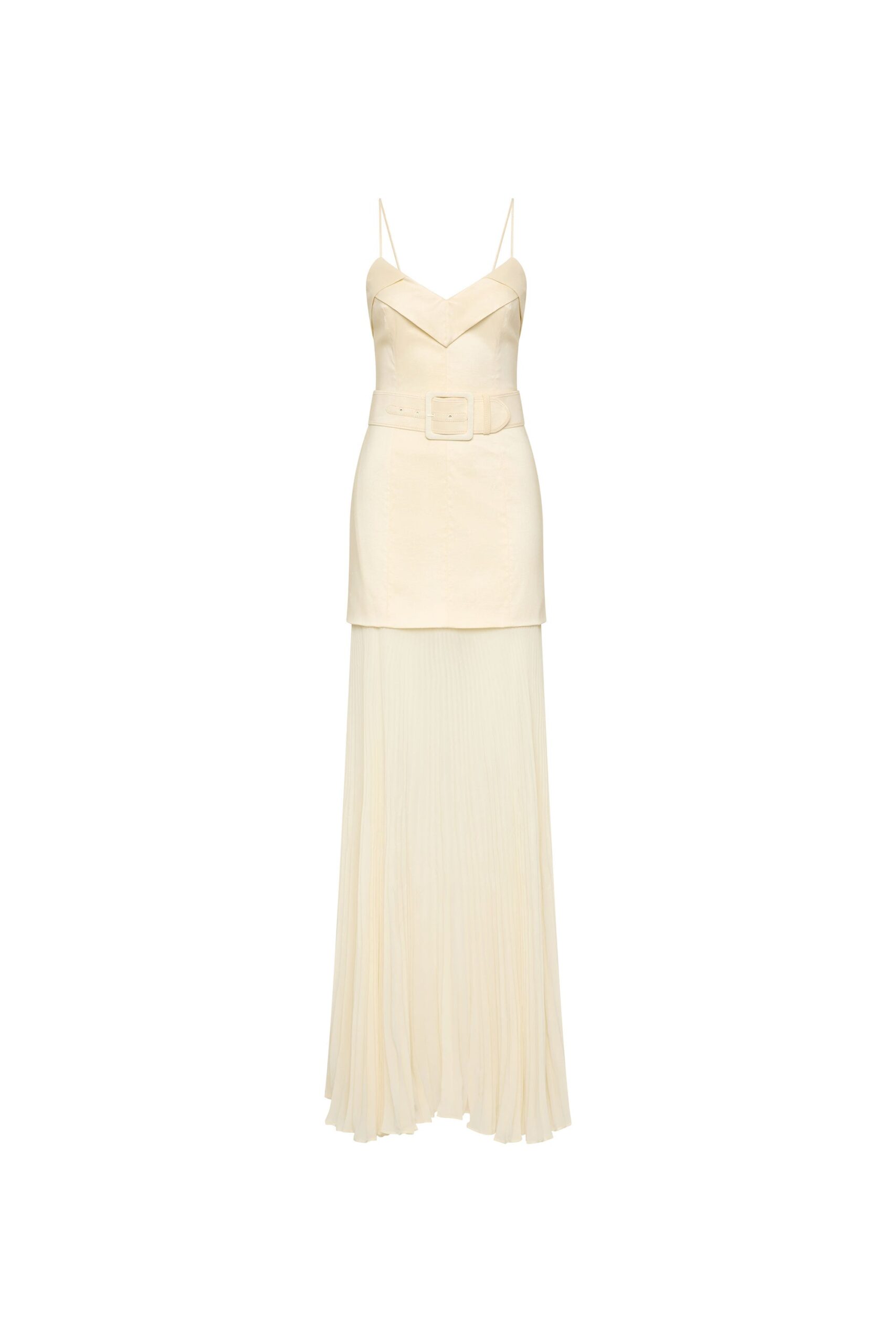 Rebecca Vallance Yellow Dresses The Bailey Maxi Dress in cream radiates contemporary elegance. Its contrasting design features a sunray pleated maxi skirt that creates a sophisticated silhouette