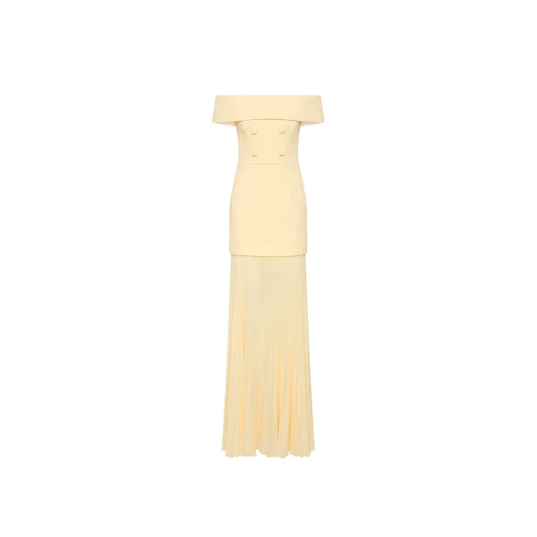 Rebecca Vallance Yellow Dresses The Rowan Maxi Dress fuses timeless elegance with a playful butter-yellow hue. The off the shoulder neckline and fitted bodice harmonise beautifully to shape a feminine figure