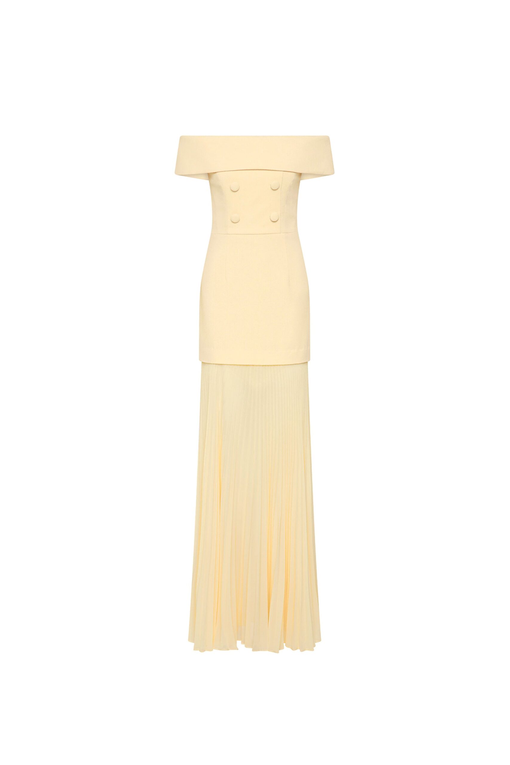 Rebecca Vallance Yellow Dresses The Rowan Maxi Dress fuses timeless elegance with a playful butter-yellow hue. The off the shoulder neckline and fitted bodice harmonise beautifully to shape a feminine figure