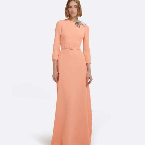 Aspen Long Dress In Apricot With Gunmetal Embellishment by Safiyaa ‚Äì luxury dresses in Orange available at Coveti