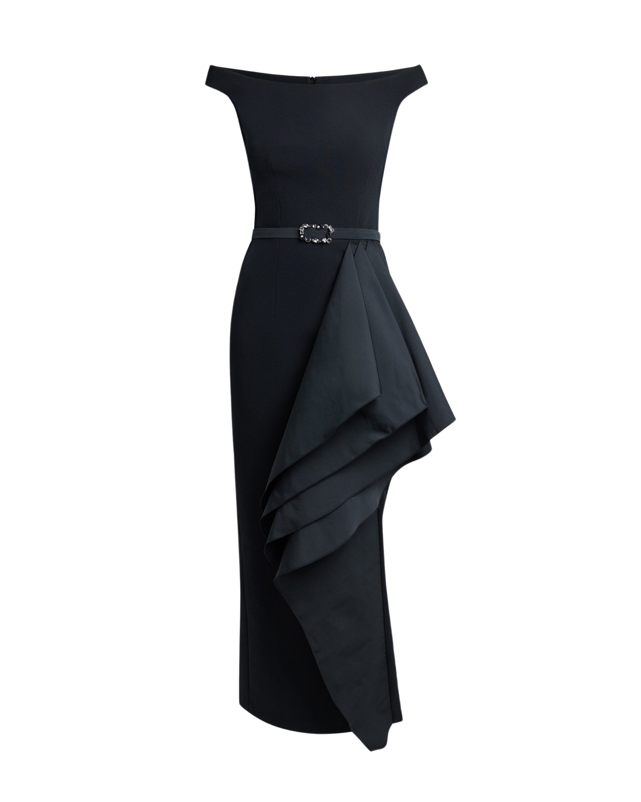 Safiyaa Bree Midi Dress In Black With Embellished Belt