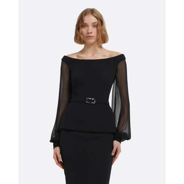 Breena Top In Black With Embellished Belt by Safiyaa ‚Äì luxury tops in Black available at Coveti