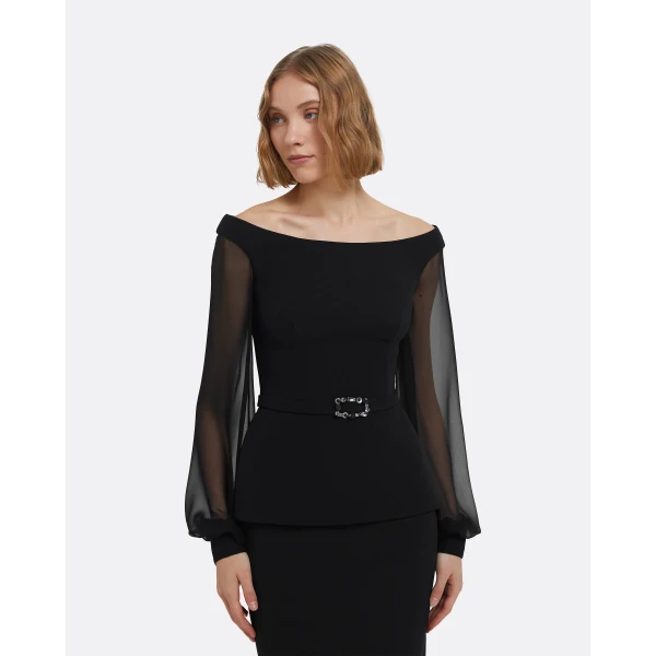 Safiyaa Breena Top In Black With Embellished Belt, view 5
