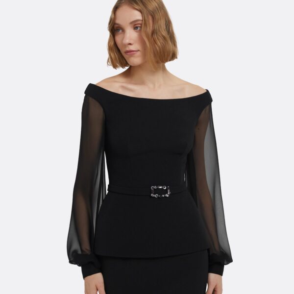 Breena Top In Black With Embellished Belt by Safiyaa ‚Äì luxury tops in Black available at Coveti