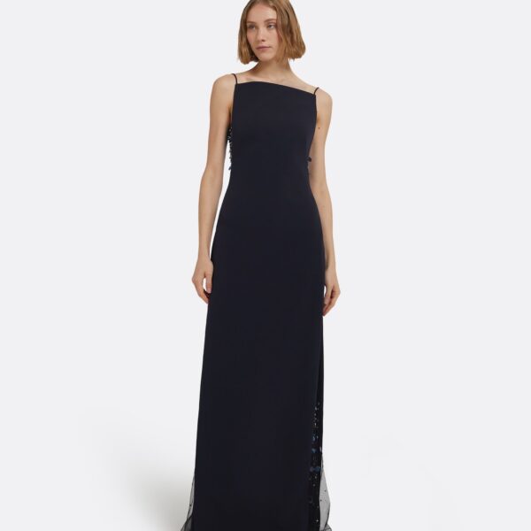 Leah Long Dress In Midnight Navy With Multi-Blues Embellishments by Safiyaa ‚Äì luxury dresses in Blue available at Coveti