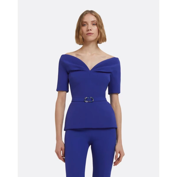 Lyddie Tops In Skiathos Blue With Multi-Blues Belt by Safiyaa ‚Äì luxury tops in Blue available at Coveti