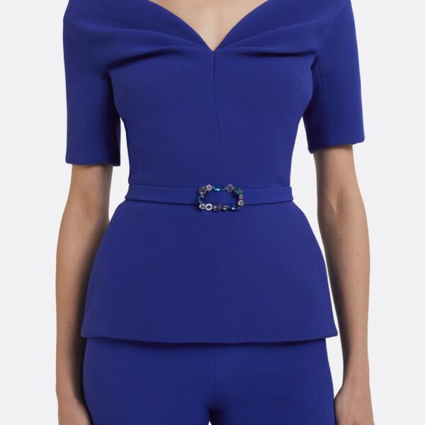 Lyddie Tops In Skiathos Blue With Multi-Blues Belt by Safiyaa ‚Äì luxury tops in Blue available at Coveti