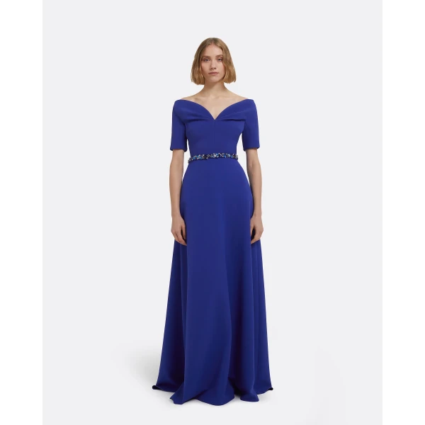 Safiyaa Lydia Long Dress In Skiathos Blue With Multi-Blues Belt, view 2
