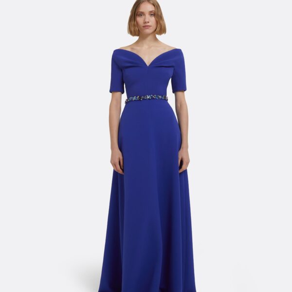 Lydia Long Dress In Skiathos Blue With Multi-Blues Belt by Safiyaa ‚Äì luxury dresses in Blue available at Coveti