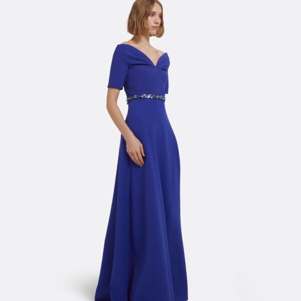 Lydia Long Dress In Skiathos Blue With Multi-Blues Belt by Safiyaa ‚Äì luxury dresses in Blue available at Coveti
