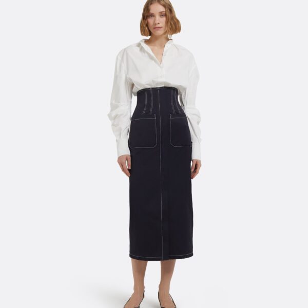Weatherly Midi Dress In Ivory And Midnight Navy by Safiyaa ‚Äì luxury dresses in Blue available at Coveti