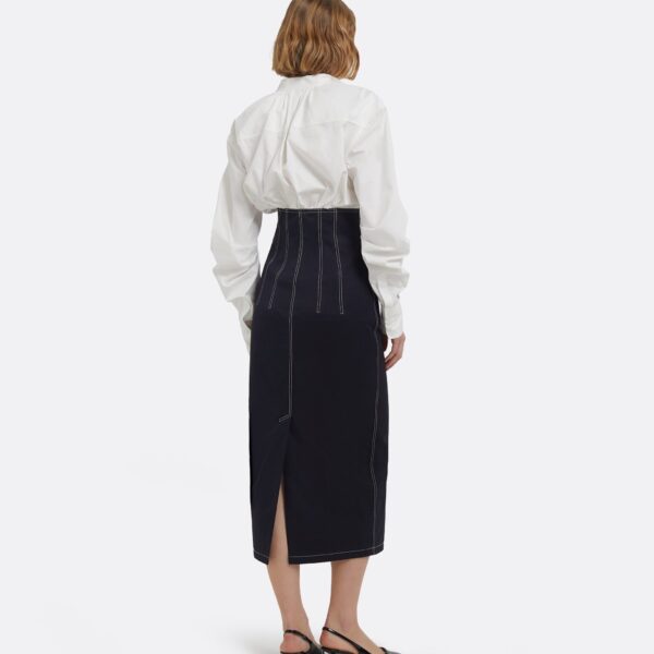 Weatherly Midi Dress In Ivory And Midnight Navy by Safiyaa ‚Äì luxury dresses in Blue available at Coveti