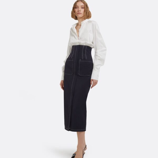 Weatherly Midi Dress In Ivory And Midnight Navy by Safiyaa ‚Äì luxury dresses in Blue available at Coveti