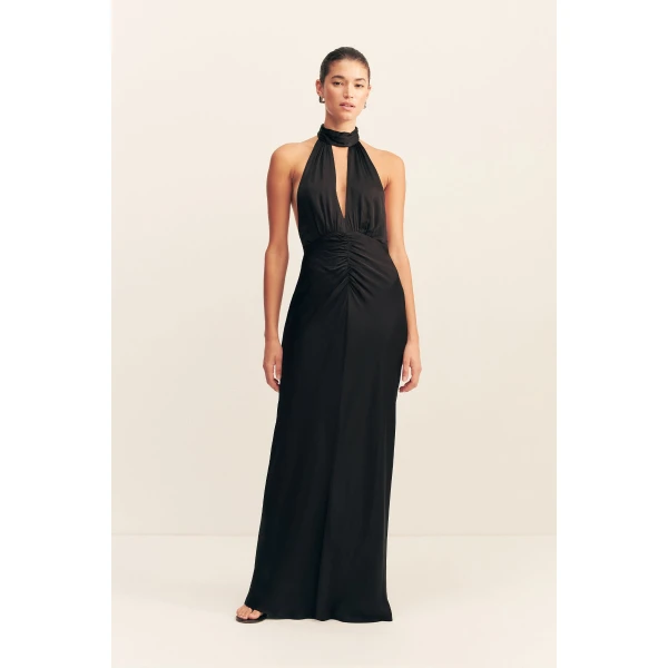 Halter neck maxi dress in black in a LENZING ™ ECOVERO ™ Viscose with a luxurious matte finish.