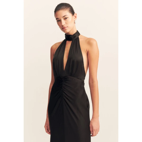 Halter neck maxi dress in black in a LENZING ™ ECOVERO ™ Viscose with a luxurious matte finish.