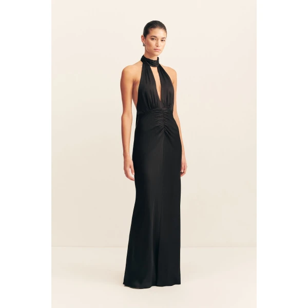 Halter neck maxi dress in black in a LENZING ™ ECOVERO ™ Viscose with a luxurious matte finish.