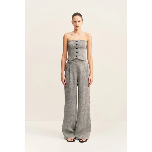Strapless button up bodice in a herringbone pure linen.