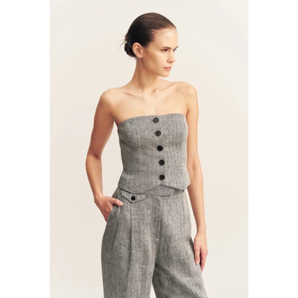 Strapless button up bodice in a herringbone pure linen.