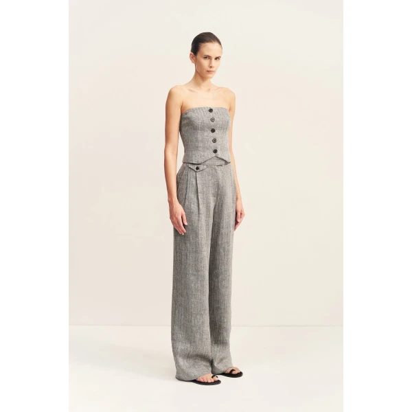 Strapless button up bodice in a herringbone pure linen.