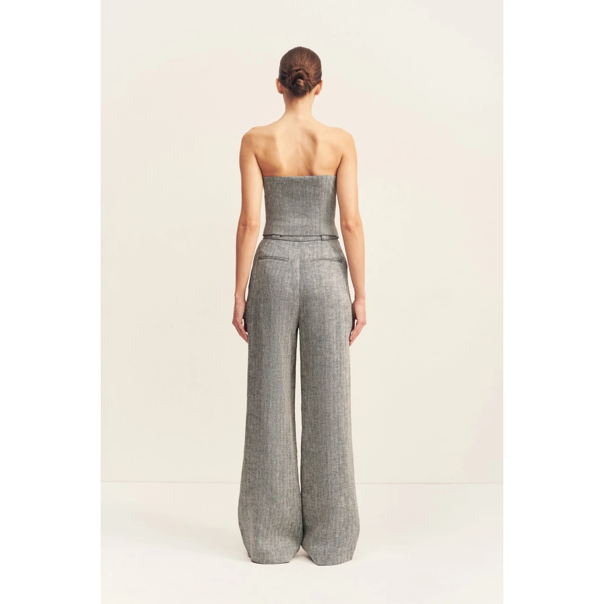Strapless button up bodice in a herringbone pure linen.