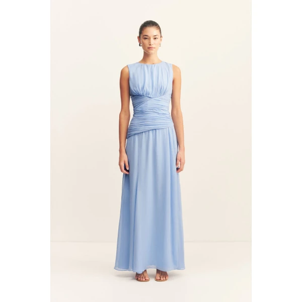 Side split maxi dress in vista blue in a semi-sheer georgette.