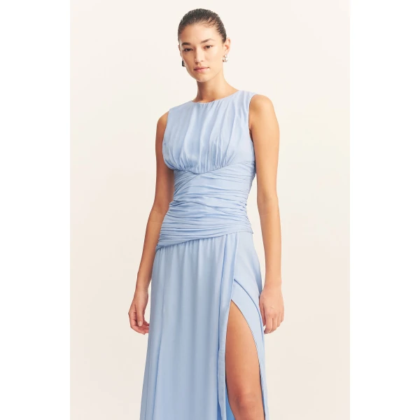 Side split maxi dress in vista blue in a semi-sheer georgette.
