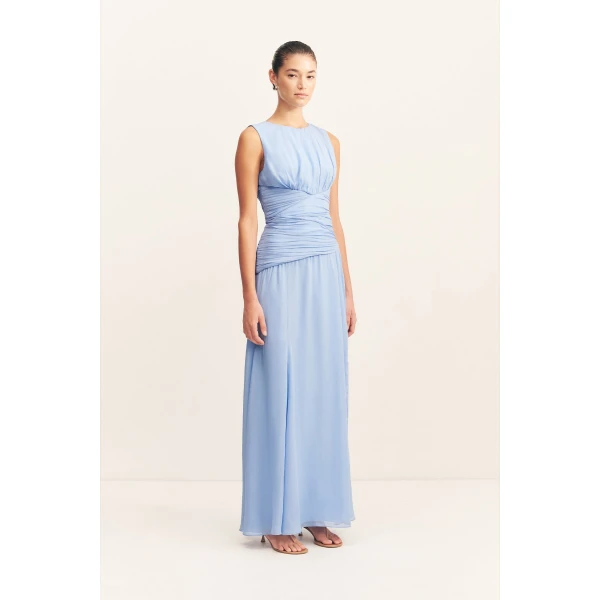Side split maxi dress in vista blue in a semi-sheer georgette.
