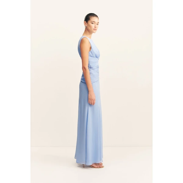 Side split maxi dress in vista blue in a semi-sheer georgette.