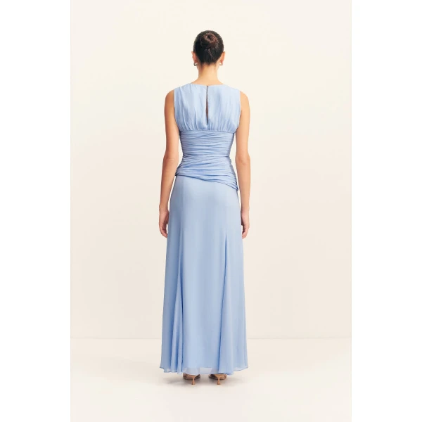 Side split maxi dress in vista blue in a semi-sheer georgette.