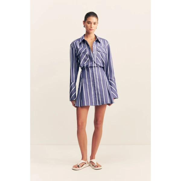 Long sleeve shirt mini dress in chambray blanc in a premium striped cotton.