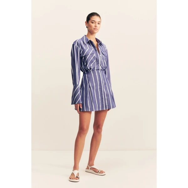 Long sleeve shirt mini dress in chambray blanc in a premium striped cotton.