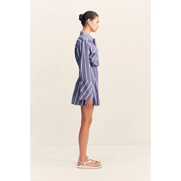 Long sleeve shirt mini dress in chambray blanc in a premium striped cotton.