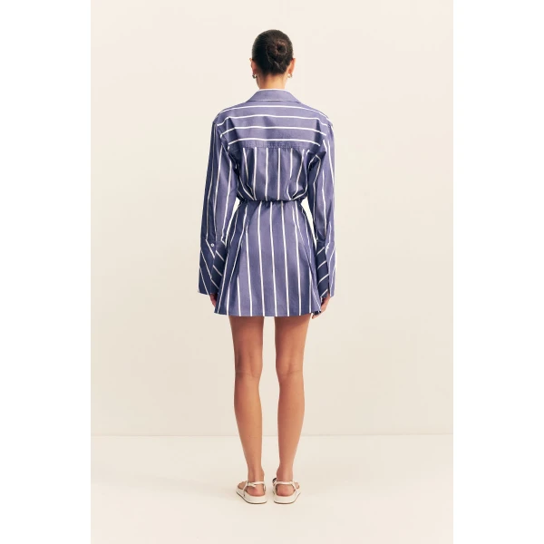 Long sleeve shirt mini dress in chambray blanc in a premium striped cotton.