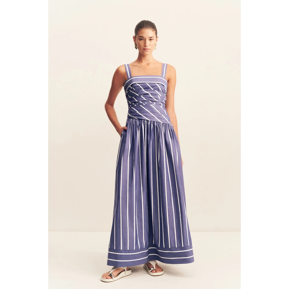Square neck maxi dress in chambray blanc in a premium striped cotton.