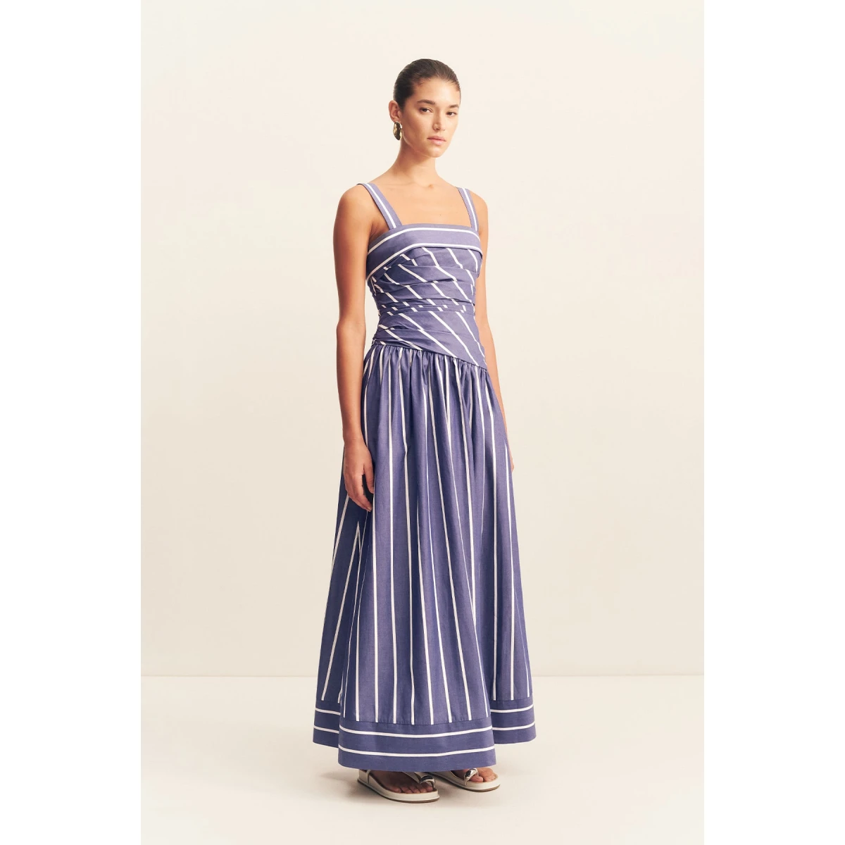 Square neck maxi dress in chambray blanc in a premium striped cotton.