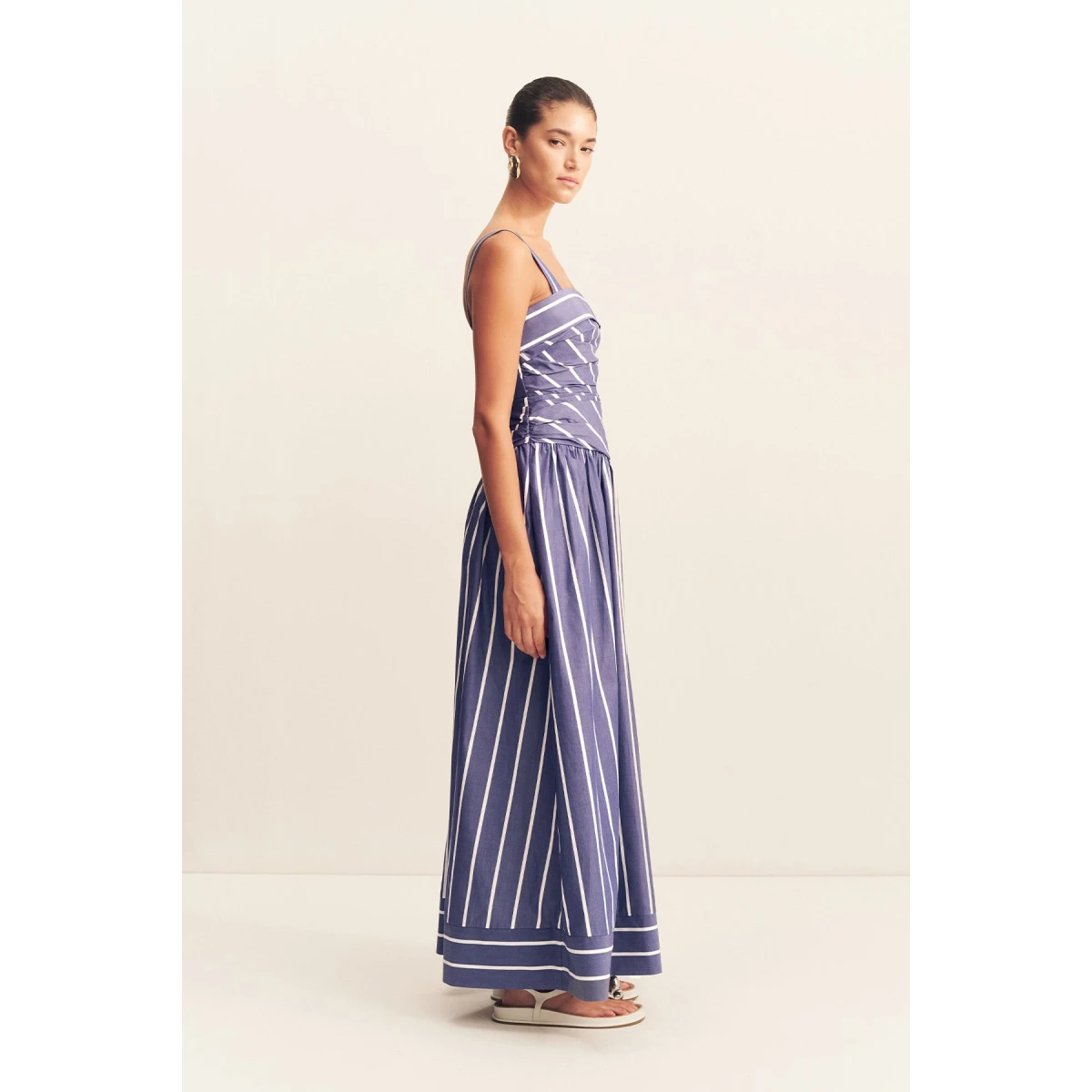 Square neck maxi dress in chambray blanc in a premium striped cotton.