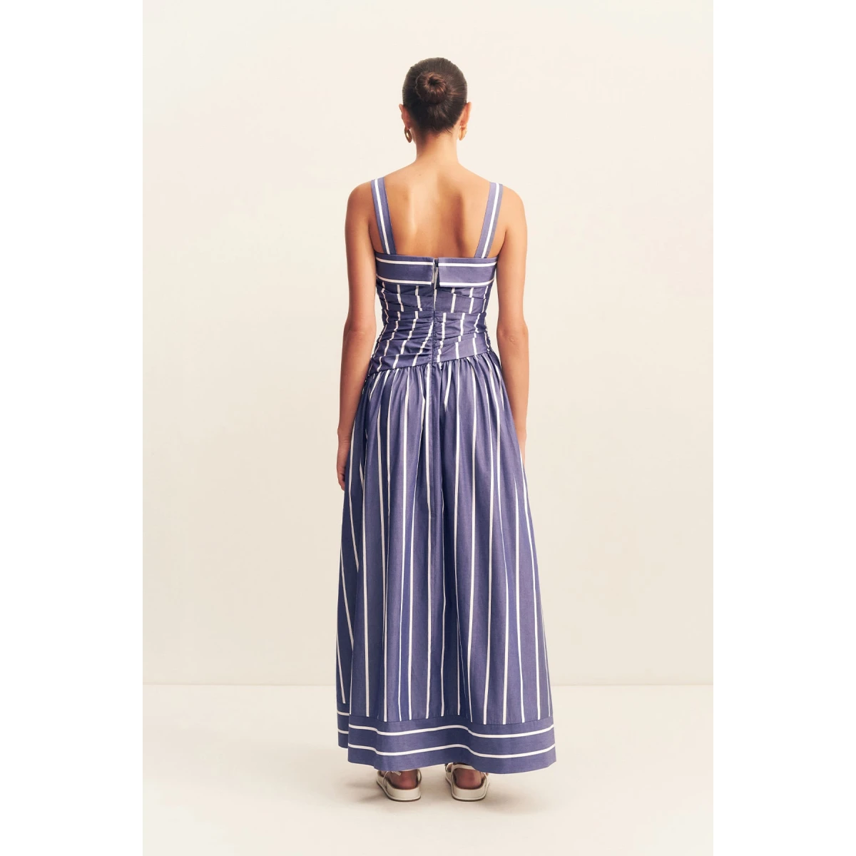 Square neck maxi dress in chambray blanc in a premium striped cotton.