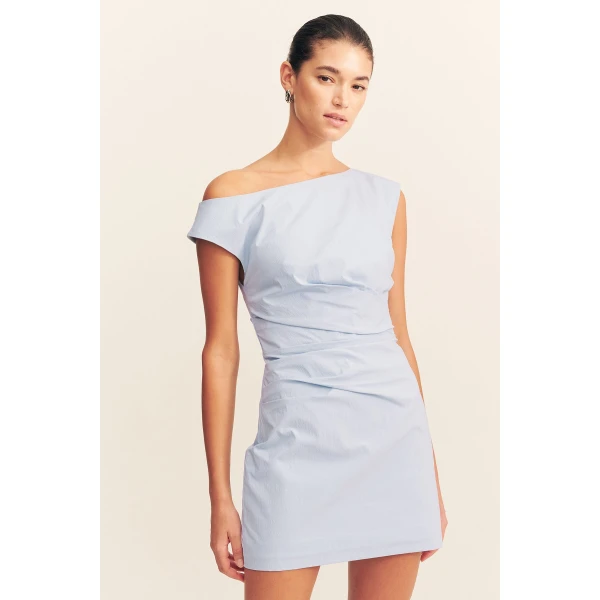 Off shoulder mini dress in cornflower blue in a premium stretch cotton blend.