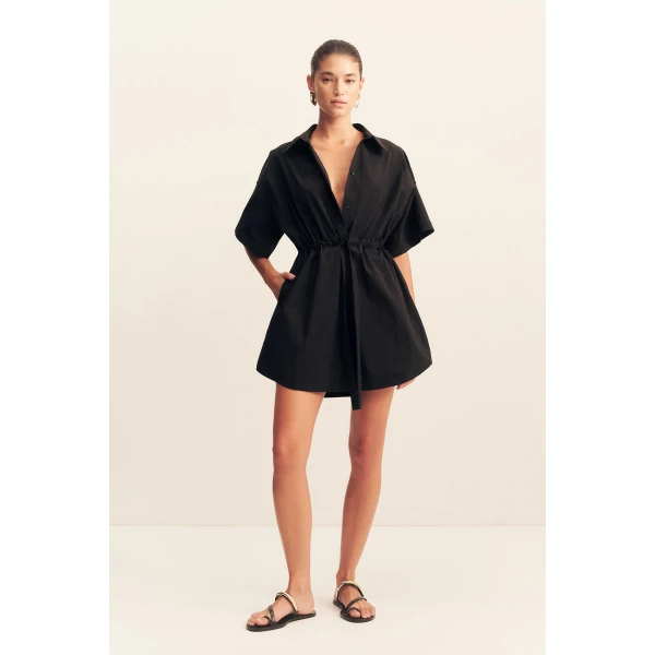 Short sleeve shirt dress with drawstring detail in black in a premium stretch cotton blend.