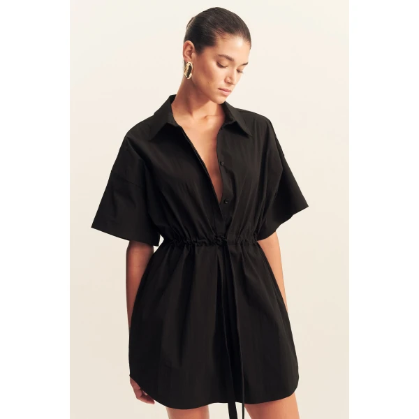 Short sleeve shirt dress with drawstring detail in black in a premium stretch cotton blend.